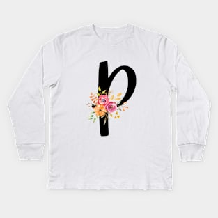 Letter P With Watercolor Floral Wreath Kids Long Sleeve T-Shirt